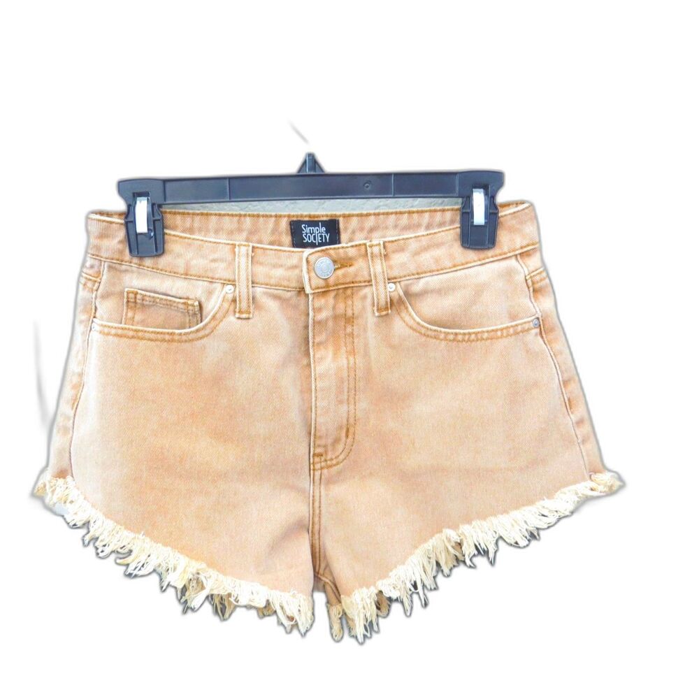 Simple Society Denim Shorts Hi Rise Frayed Hem Tan 7/28" Festival EUC - Picture 3 of 10